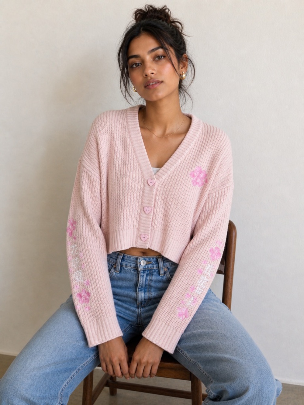 Sweet Society Pink Cropped Cardigan Floral Embroidered Y2K — MD